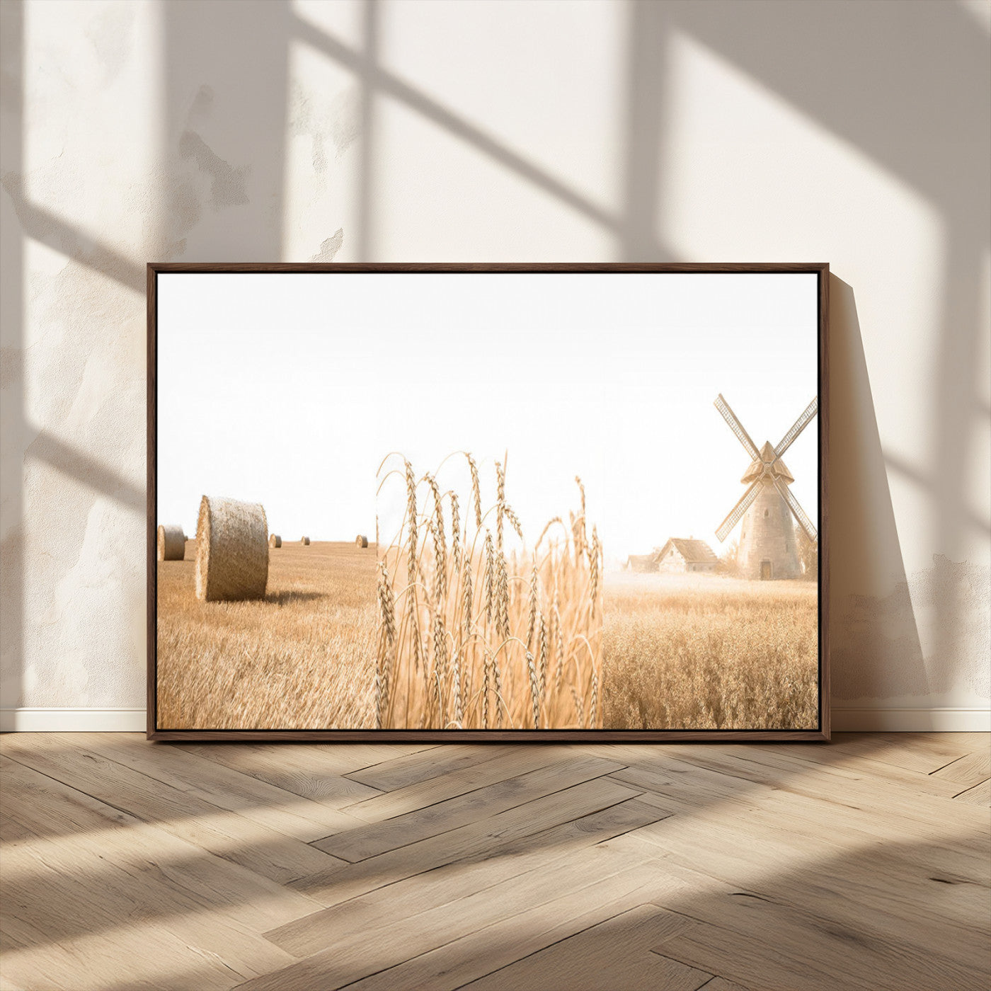 MGV-FC-36X24 - Vintage Farmhouse Triptych Wall Art – Giclée Canvas Featuring Wheat Fields, Hay Bales, and a