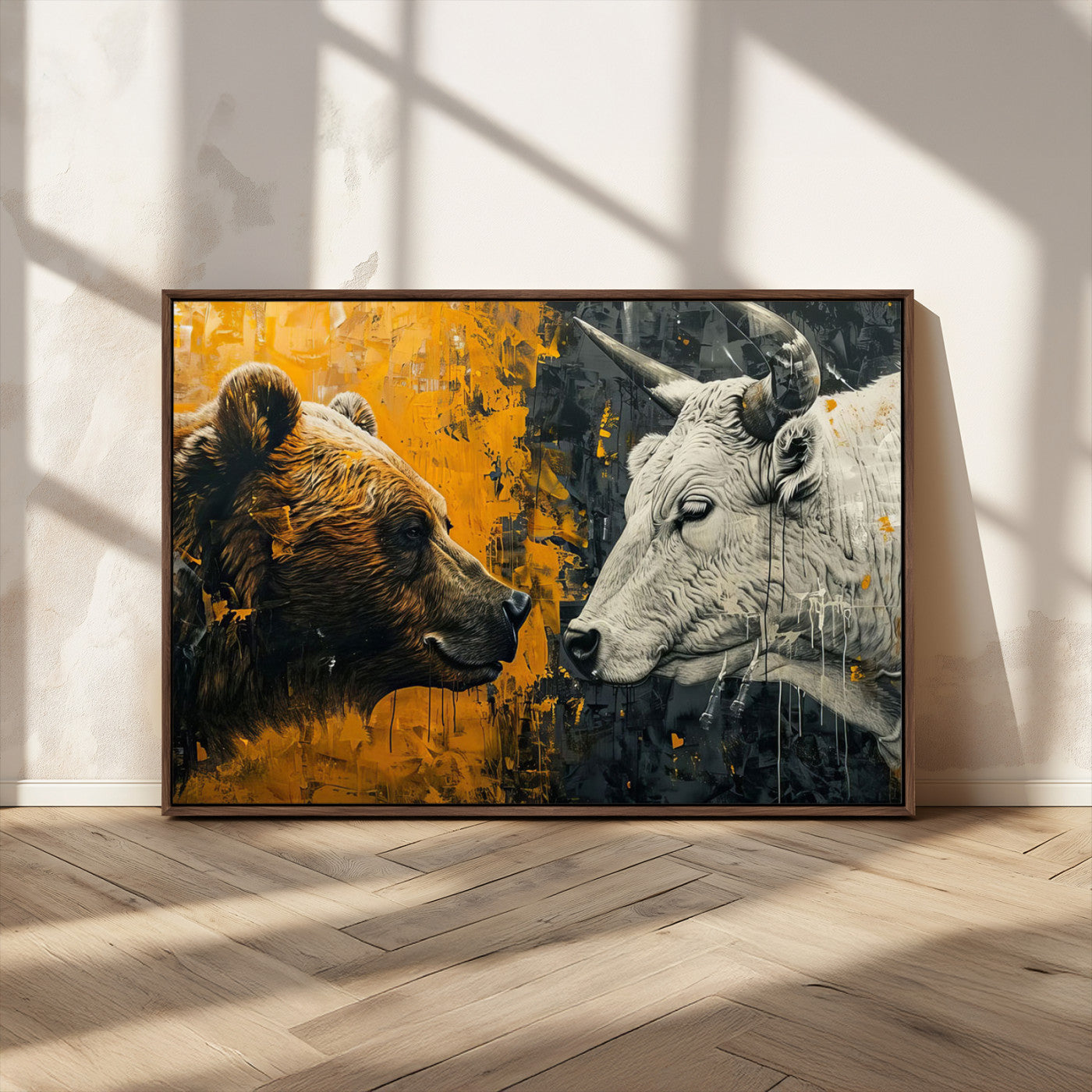 MGV-FC-36X24 - Bear and Bull Wall Art Canvas Print – Abstract Animal Portrait Painting for Modern Home Decor –