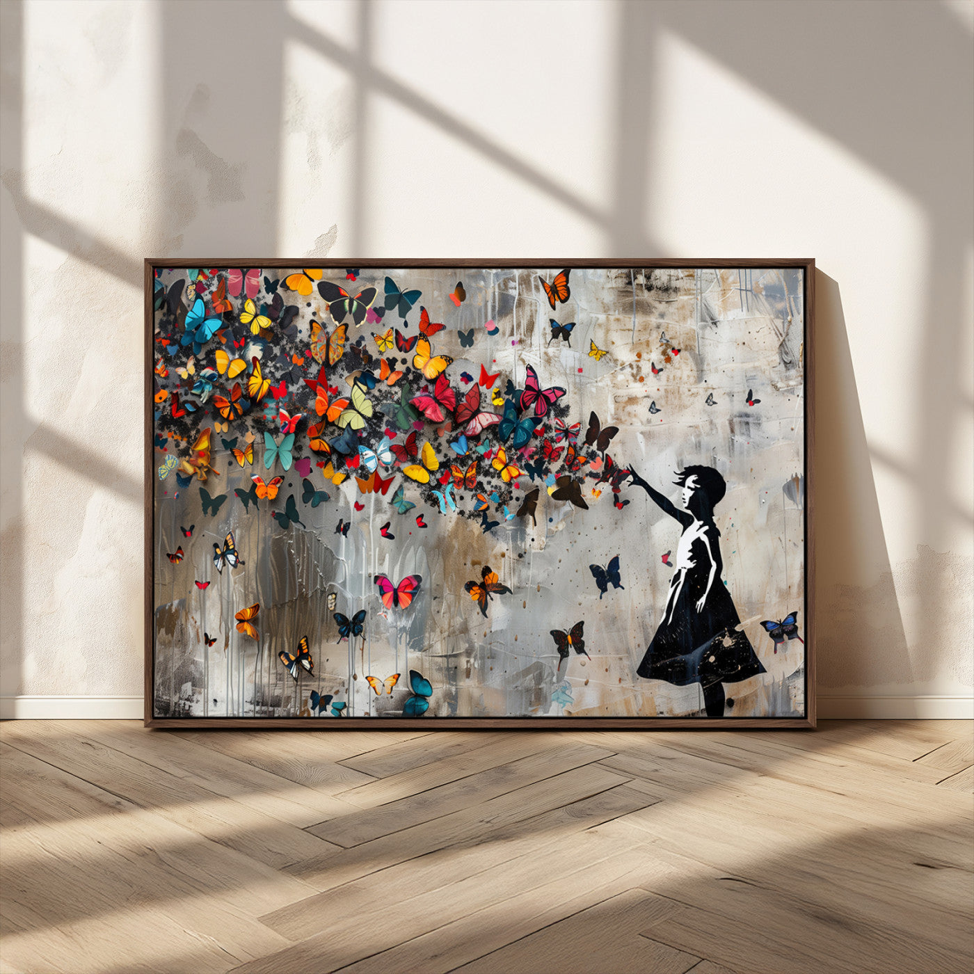 MGV-FC-36X24 - Banksy Wall Art - Banksy Girl and Butterfly Explosion Wall Art Canvas Print | Girl with Butterflies