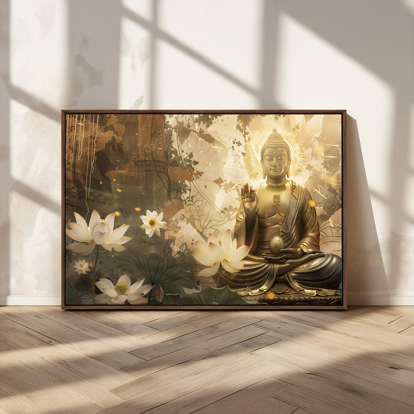 MGV-FC-36X24 - Zen Buddha Wall Art Canvas Print | Peaceful Meditation Decor with Lotus Flowers | Spiritual Serenity