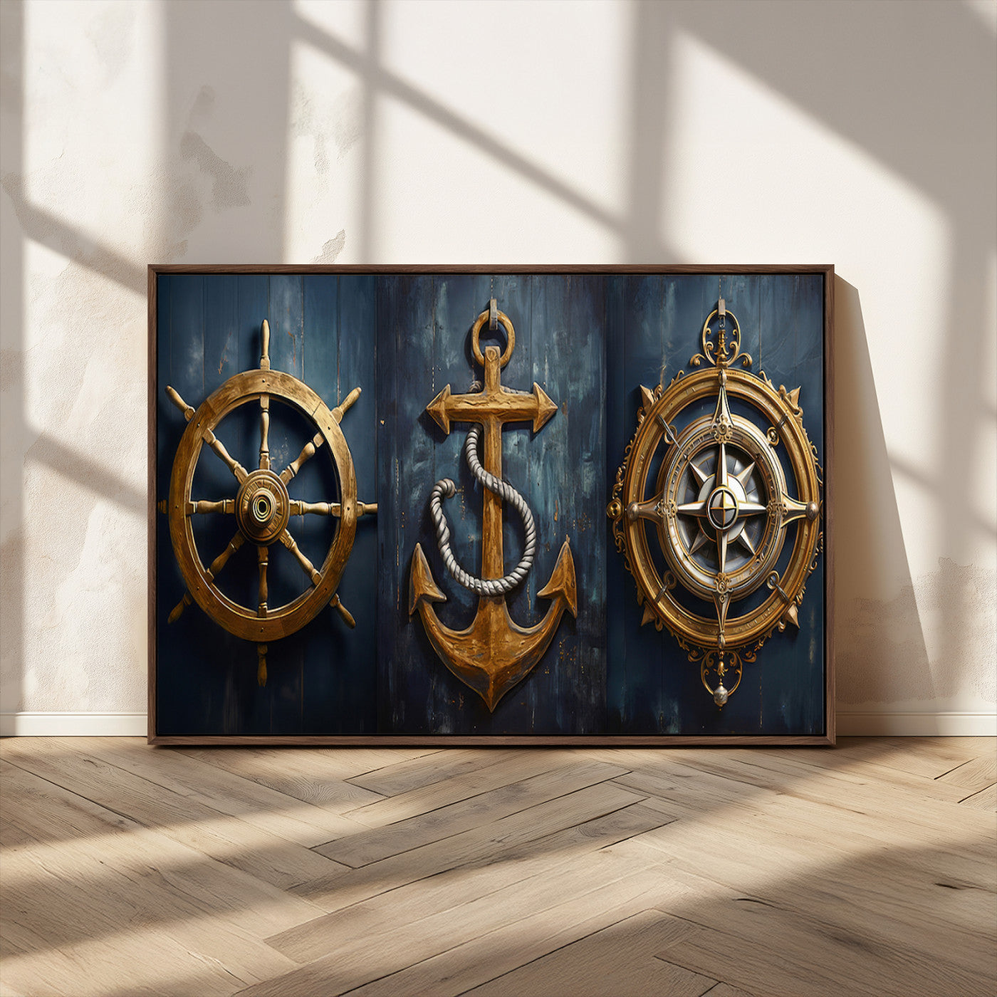 MGV-FC-36X24 - Boat Anchor Compass With Rope Wall Art Canvas Print | Beach House Wall Art