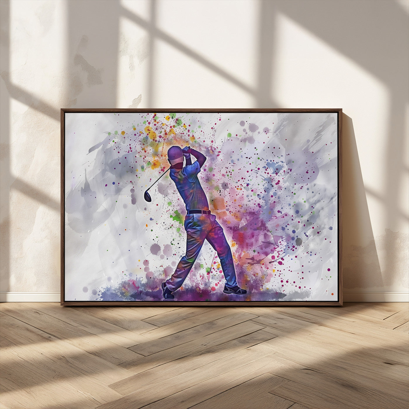MGV-FC-36X24 - Watercolor Golf Swing Wall Art Canvas Print | Vibrant Abstract Golf Player Silhouette |