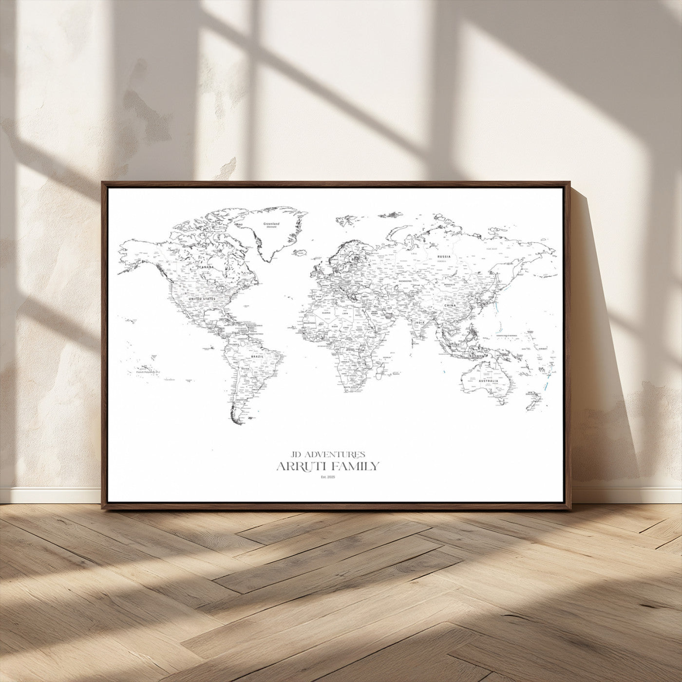 MGV-FC-36X24 - Custom World Map Wall Art – Personalized Framed Canvas Print with Push Pins for Travel Tracking,