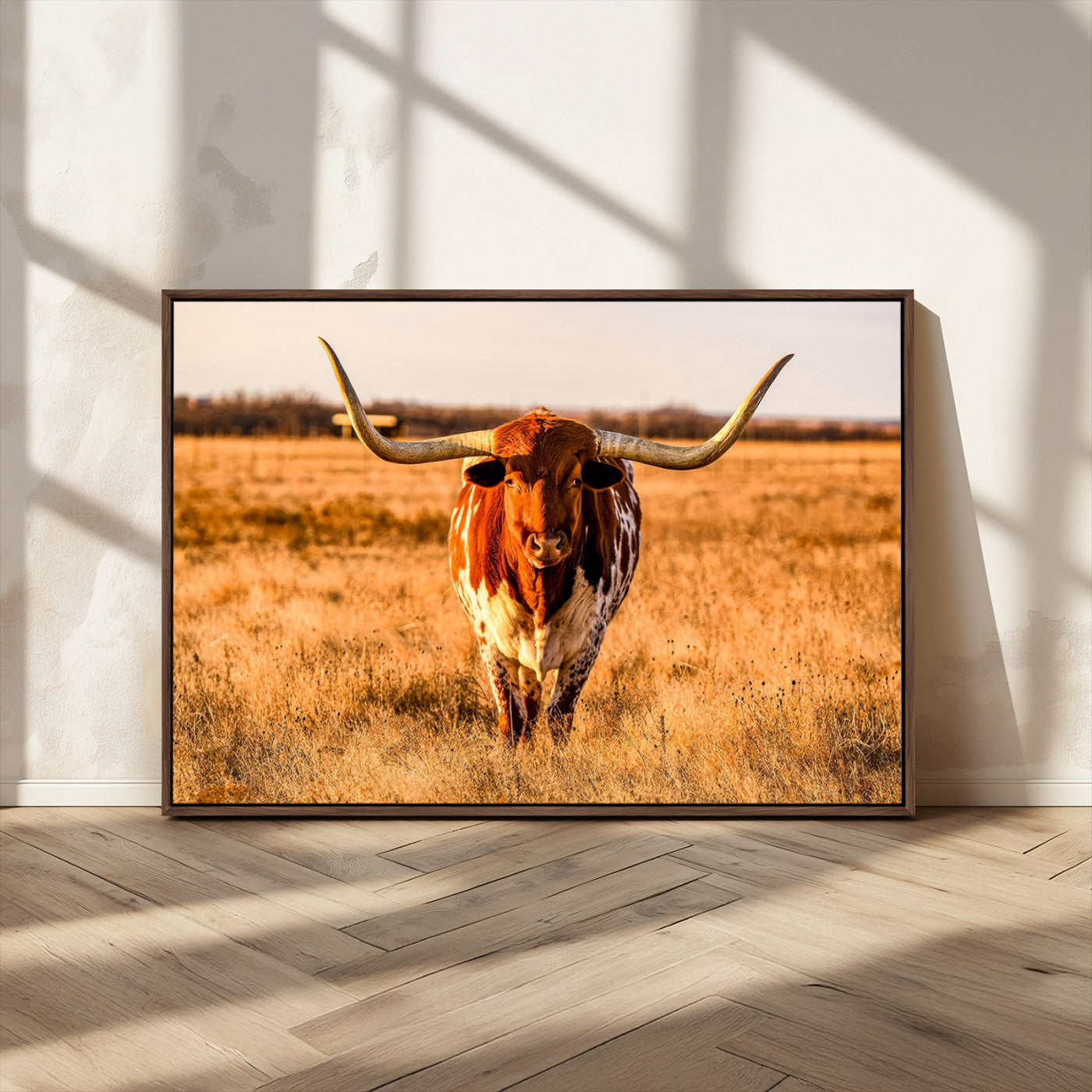 MGV-FC-36X24 - Longhorn Cow Wall Art | Ready to Hang Framed Canvas Print for Farmhouse and Barn Decor