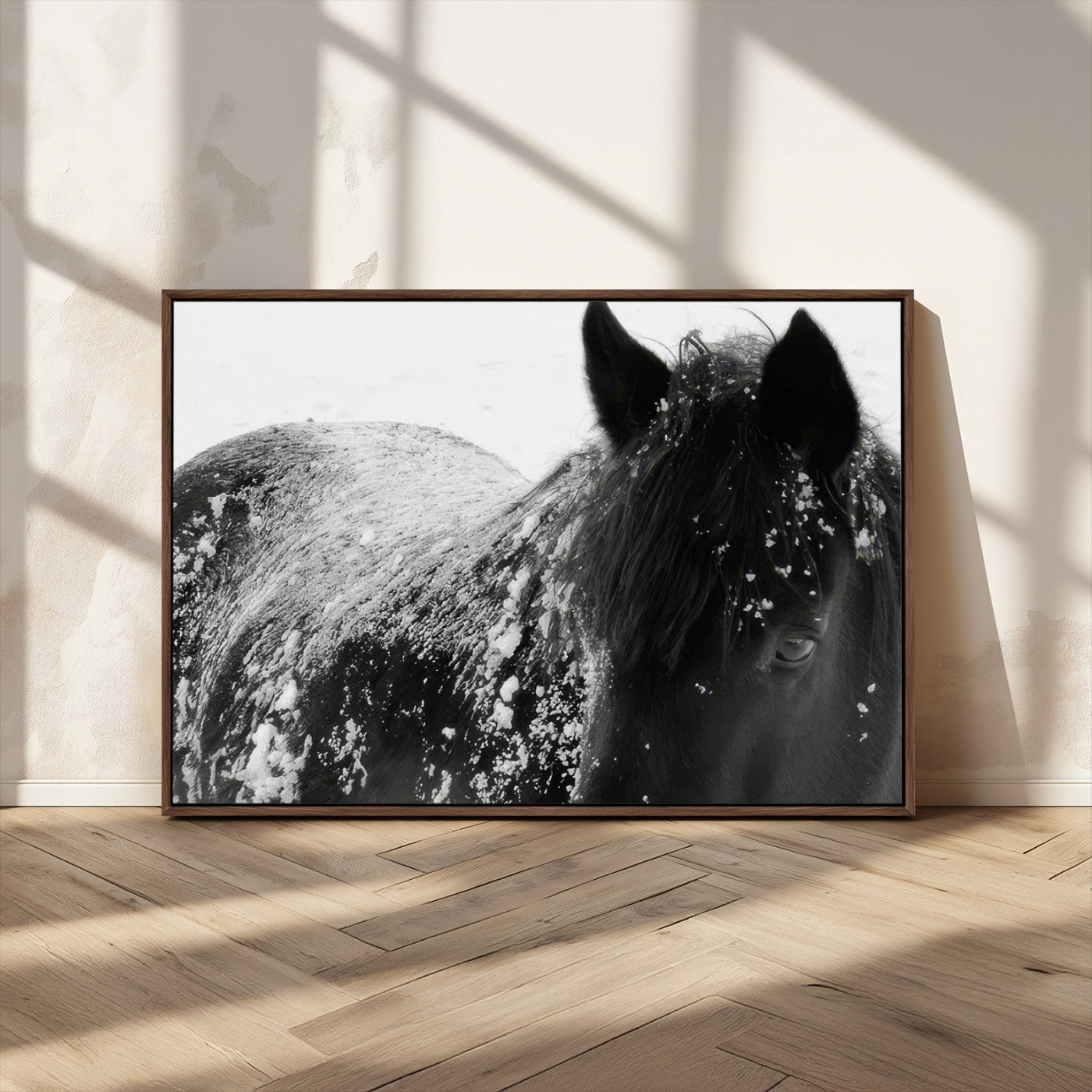 MGV-FC-36X24 - Black Horse in Snow Canvas Print | Winter Horse Wall Art | Ready to Hang and Framed | Farmhouse Wall