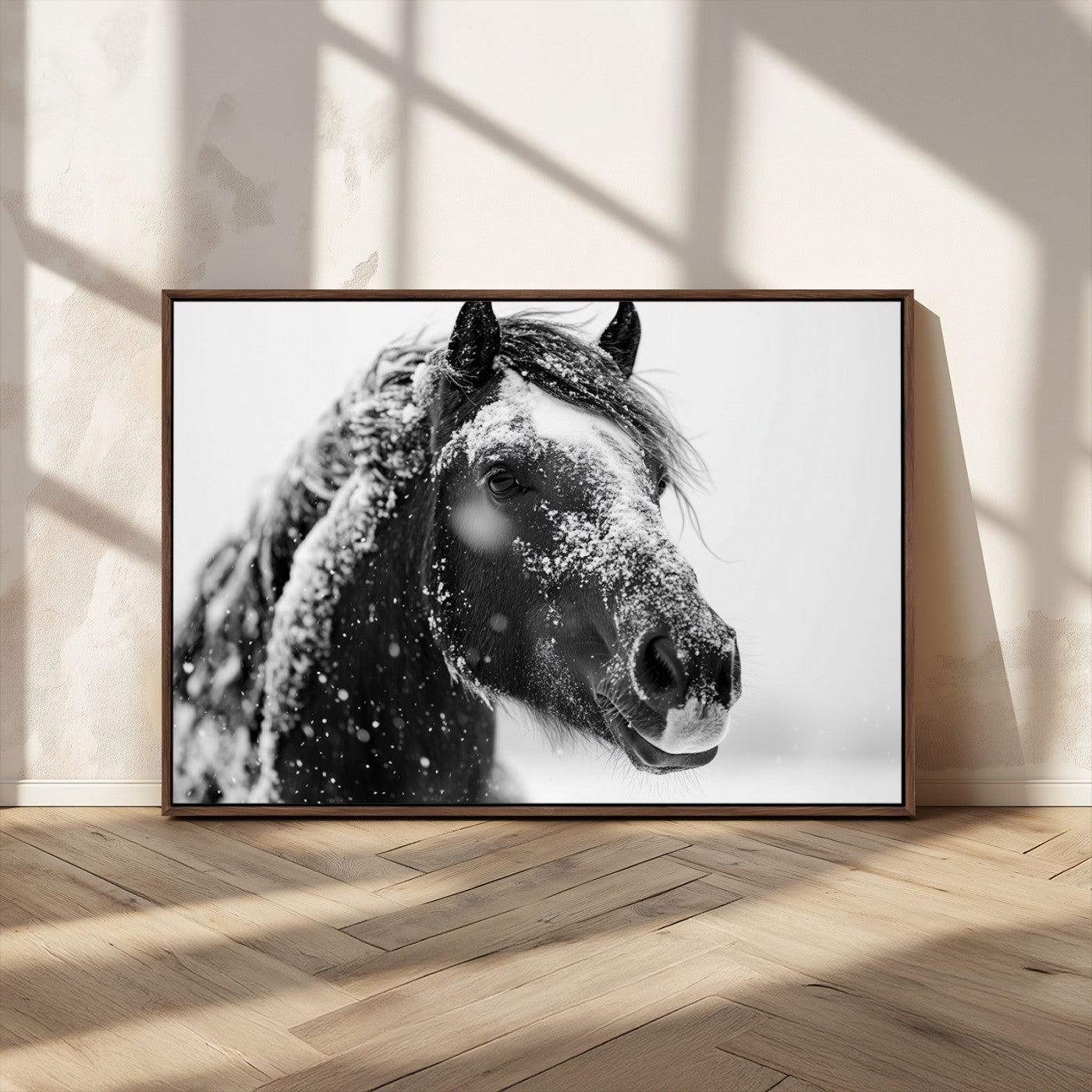 MGV-FC-36X24 - Winter Horse Canvas Print | Large 3-Panel Black White Equine Photography for Rustic Farmhouse Wall