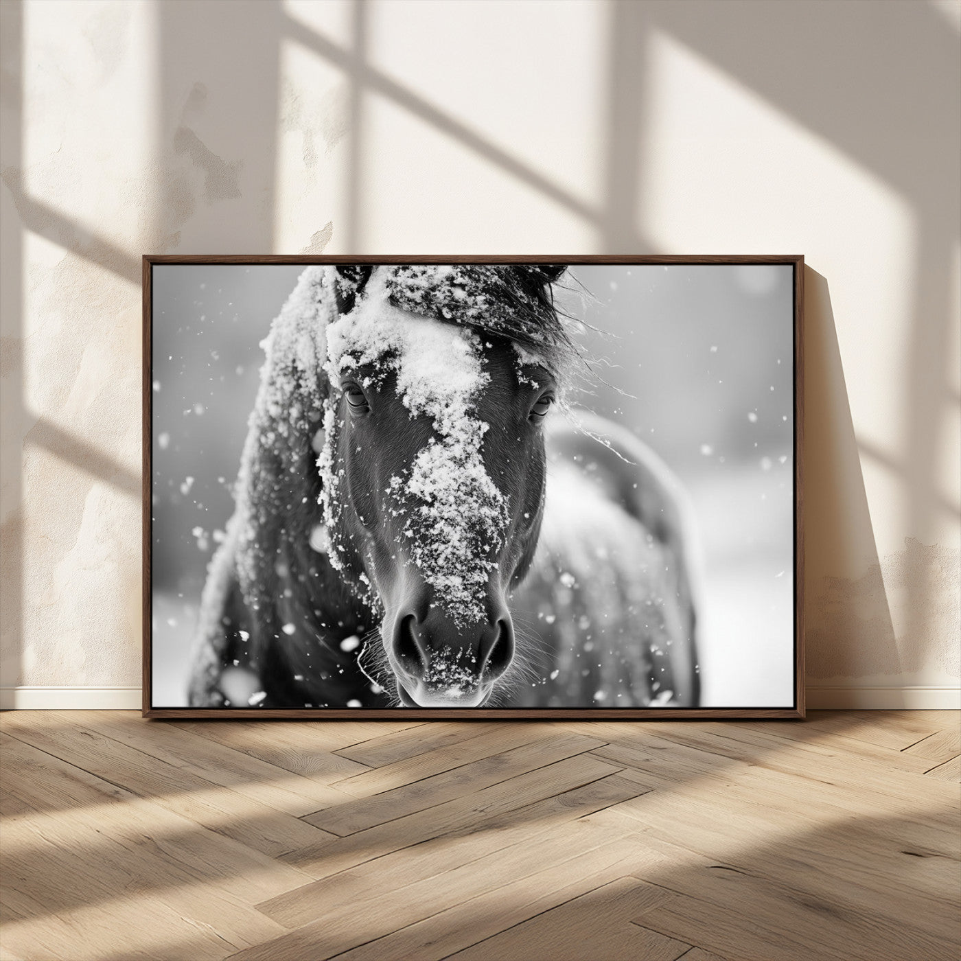 MGV-FC-36X24 - Black and White Horse Winter Wall Art | Ready to Hang and Framed | Farmhouse Wall Decor | Western