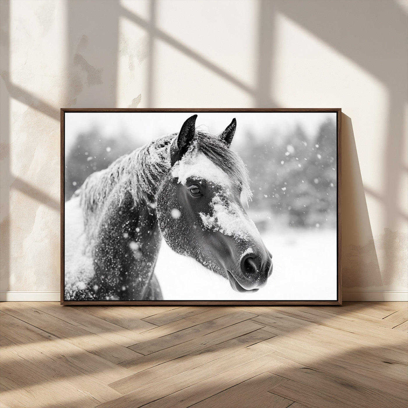 MGV-FC-36X24 - Black Horse Winter Wall Art | Ready to Hang and Framed | Farmhouse and Western Wall Decor for Living