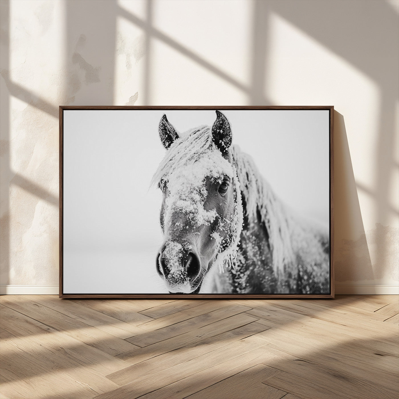 MGV-FC-36X24 - White Horse Wall Art | Ready to Hang and Framed | Winter Horse Wall Art Print for Farmhouse and