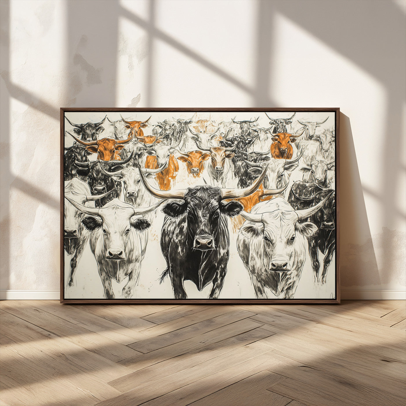 MGV-FC-36X24 - Texas Longhorn Wall Art - Herd Canvas Wall Art Print - Abstract Cow Drawing Wall Art Print for