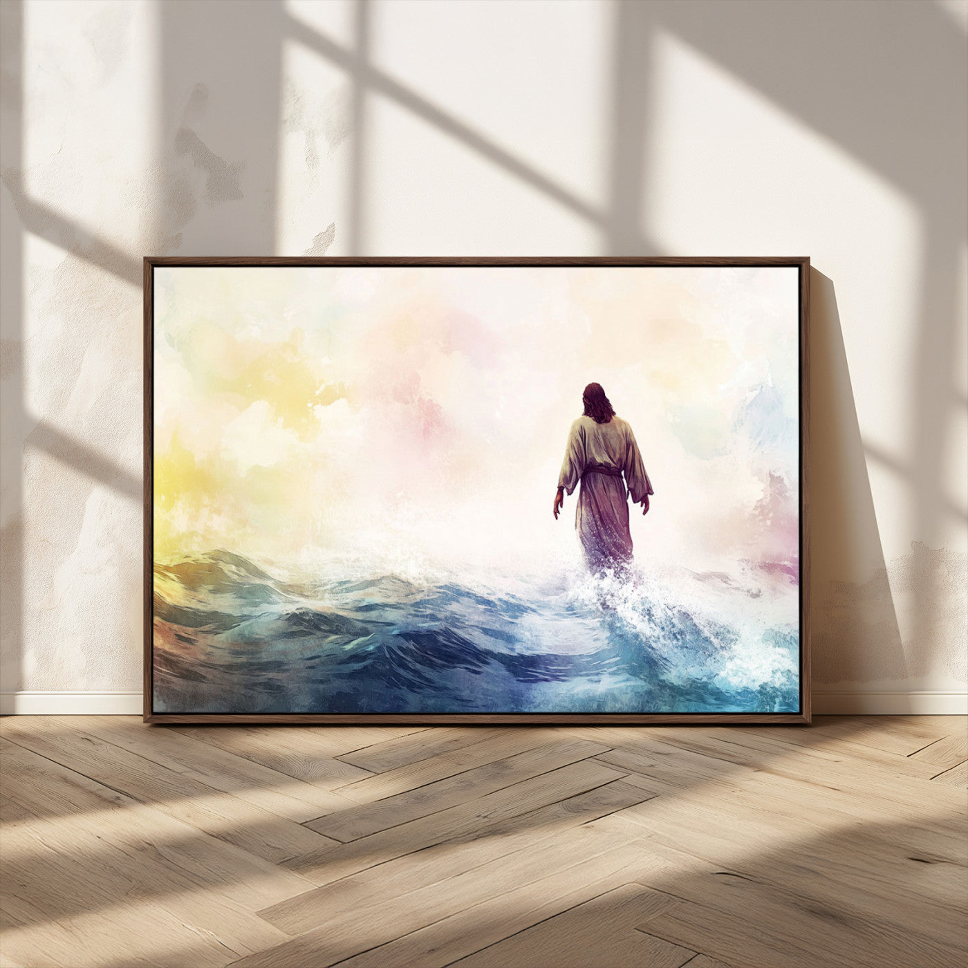 MGV-FC-36X24 - Watercolor Jesus Walking on Water Canvas Print, Christian Wall Art, Jesus Christ Walking