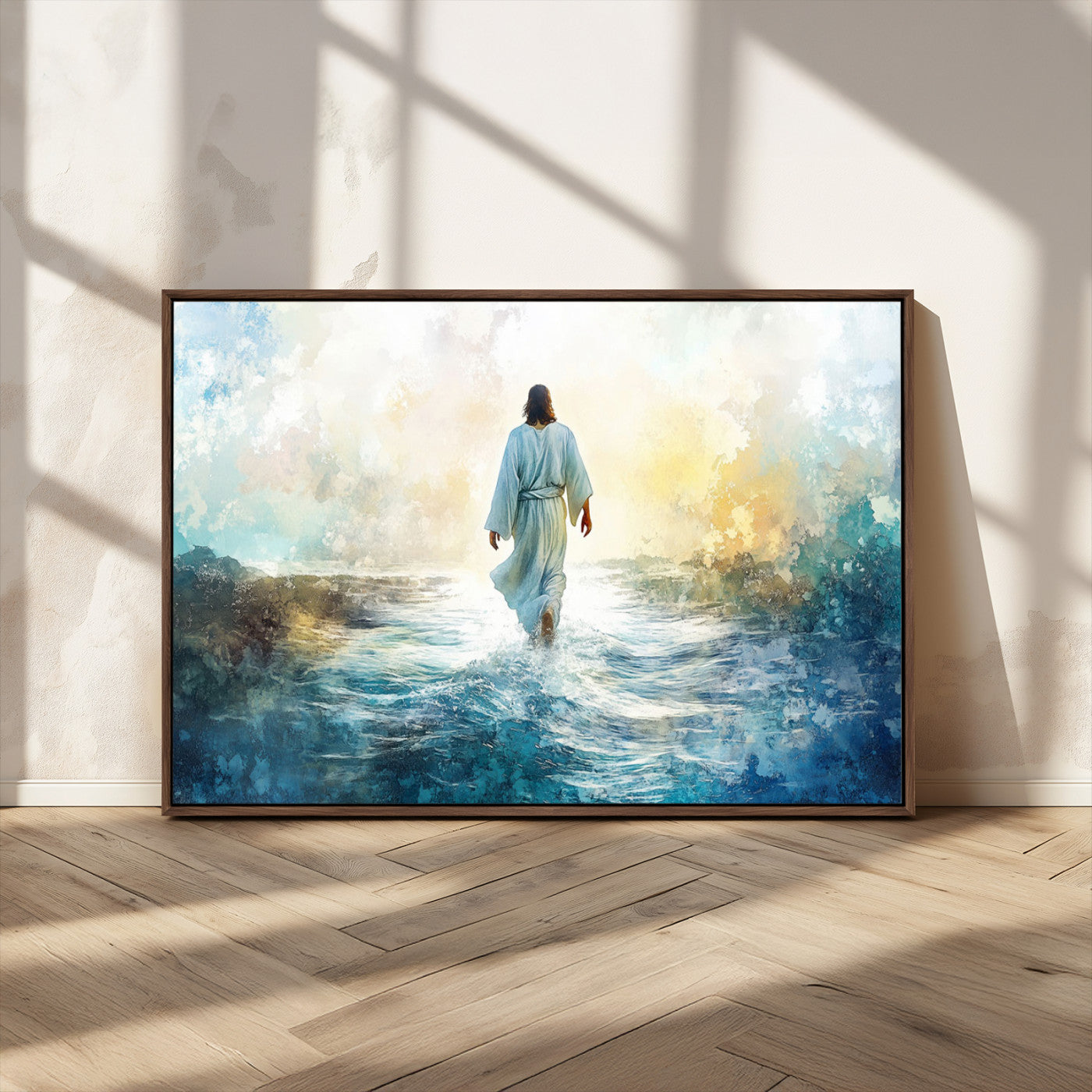 MGV-FC-36X24 - Watercolor Jesus Walking on Water Canvas Print, Christian Wall Art, Jesus Christ Walking