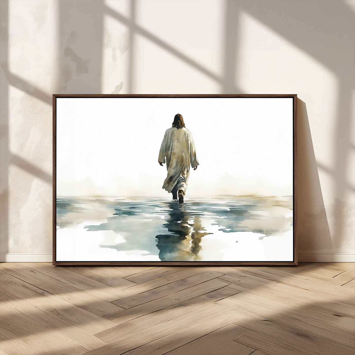 MGV-FC-36X24 - Watercolor Jesus Walking on Water Canvas Print, Christian Wall Art, Jesus Christ Walking