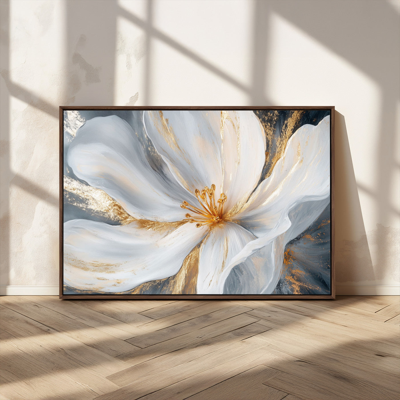 MGV-FC-36X24 - White and Gold Floral Canvas Wall Art - Framed and Ready to Hang - Perfect for Modern Living Rooms