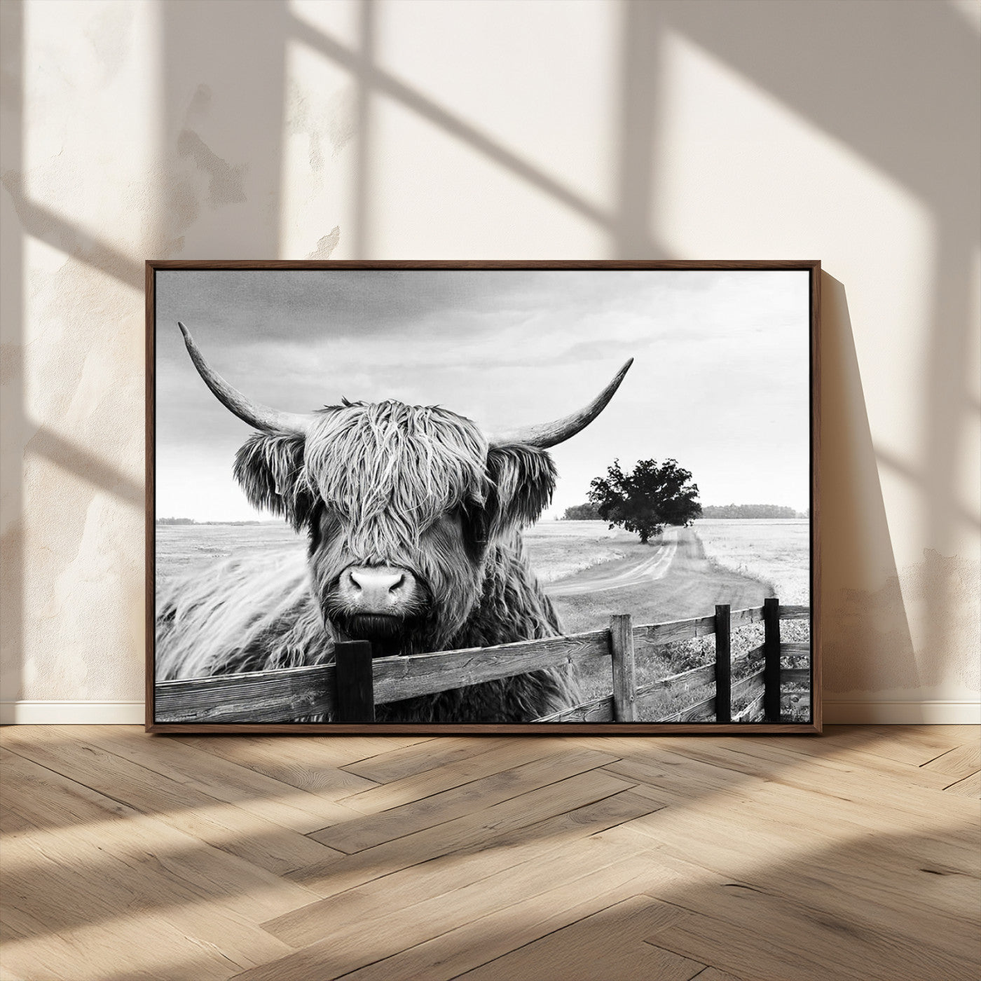MGV-FC-36X24 - Scottish Highland Cow Wall Art | Rustic Farmhouse Décor | Black and White Ready to Hang Canvas Print