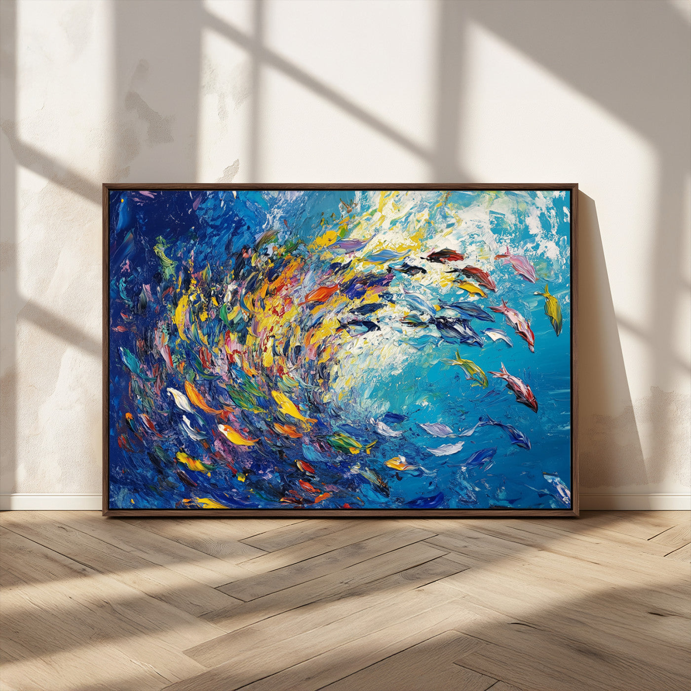 MGV-FC-36X24 - Colorful Swirling Fish School Wall Art Canvas Print | Oceanic Abstract Painting | Ready to Hang |