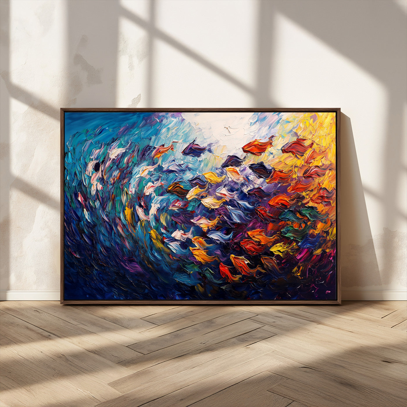 MGV-FC-36X24 - Vibrant Abstract Fish Swarm Art – Colorful Fish Inspired 3-Piece Canvas Wall Art for Living Room or