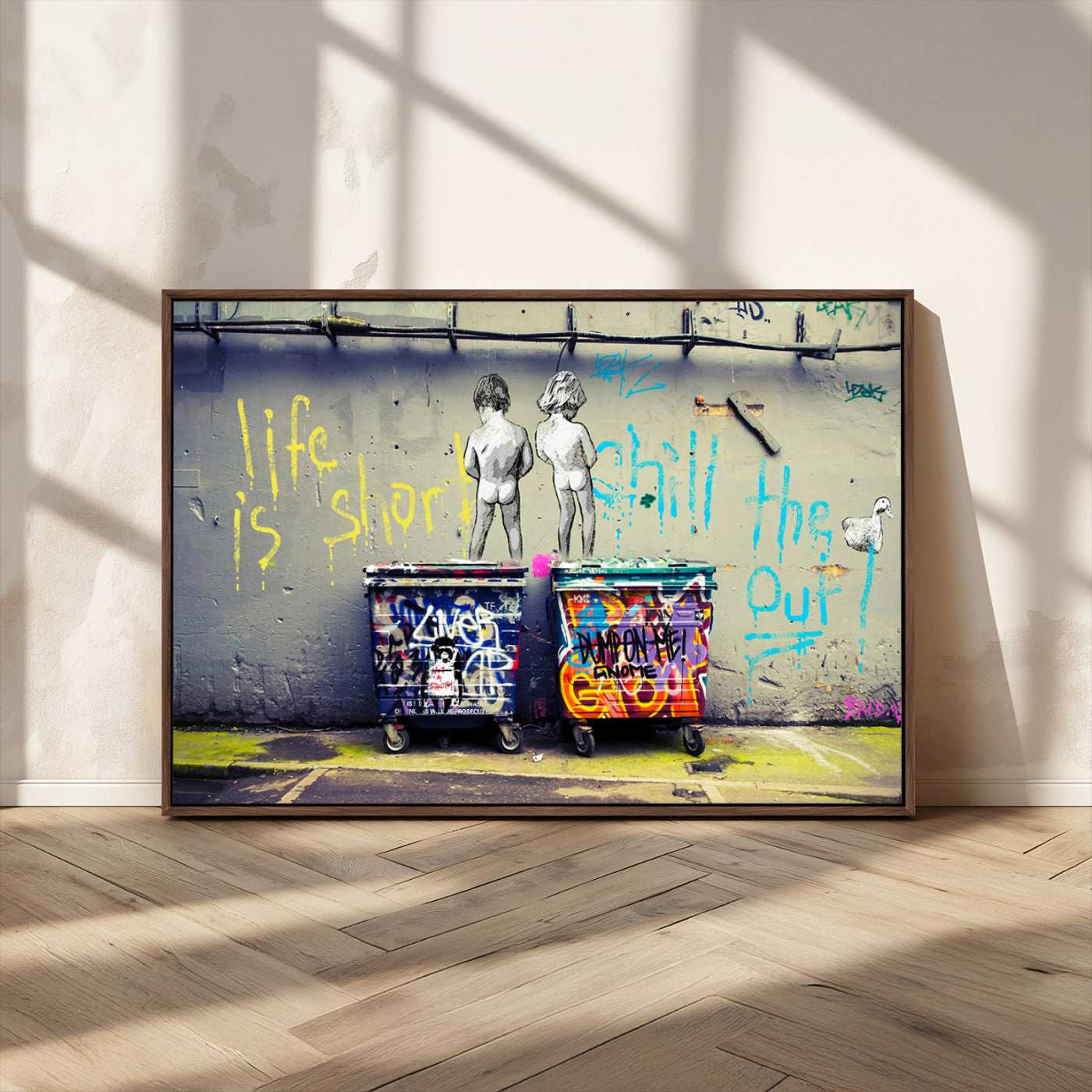 MGV-FC-36X24 - Banksy Life is Short Wall Art - Iconic Graffiti Art on Framed Ready-to-Hang Canvas - Street Art