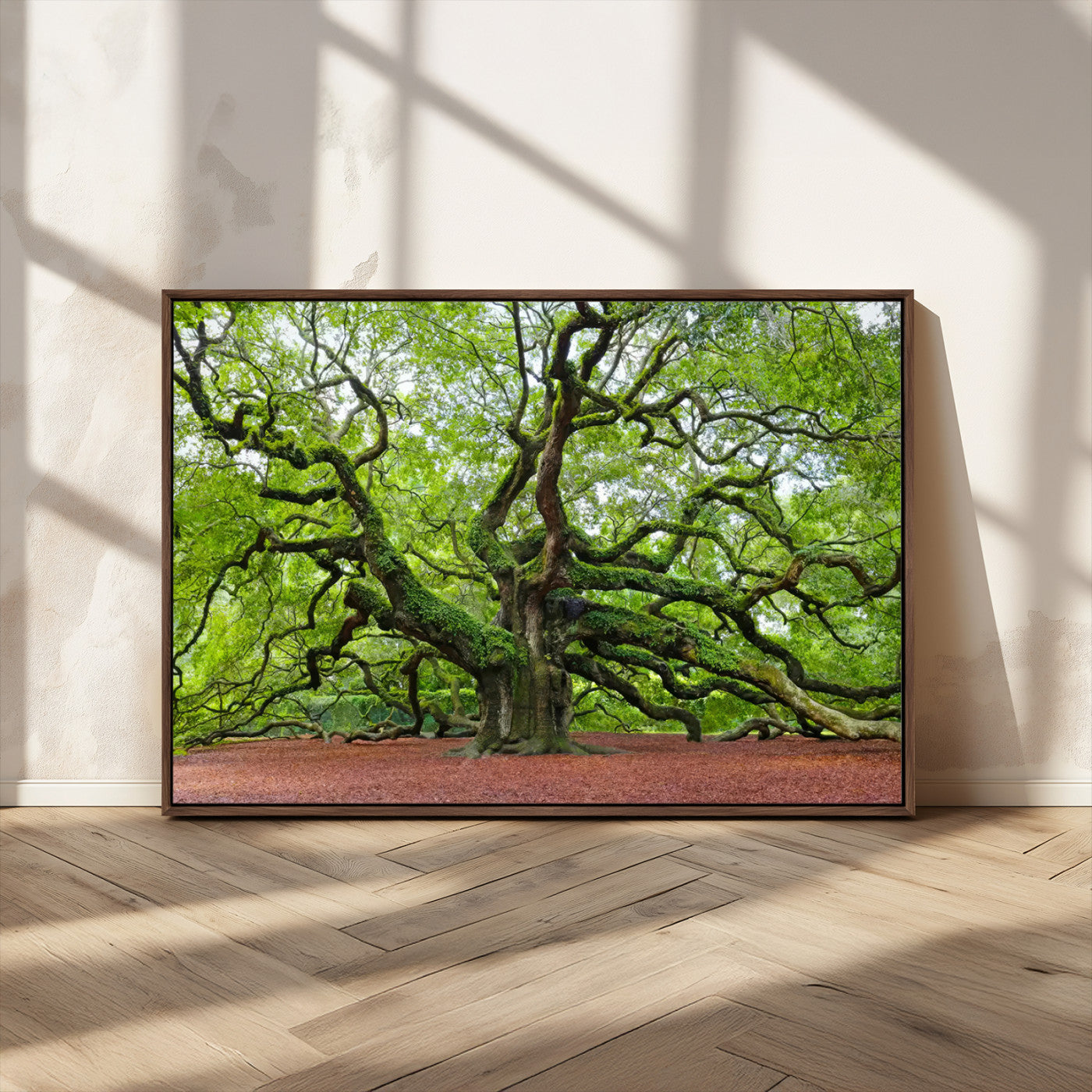 MGV-FC-36X24 - Framed Angel Oak Tree Wall Art - 3-Panel Canvas Prints, Large Green Nature Artwork, Ready to Hang