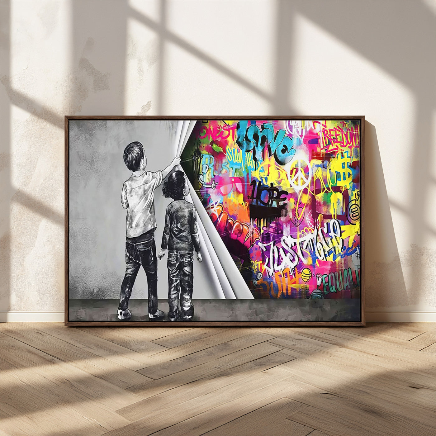 MGV-FC-36X24 - Banksy Print - Street Art Canvas Wall Art - Kids Revealing Graffiti, Urban Modern Decor for Living