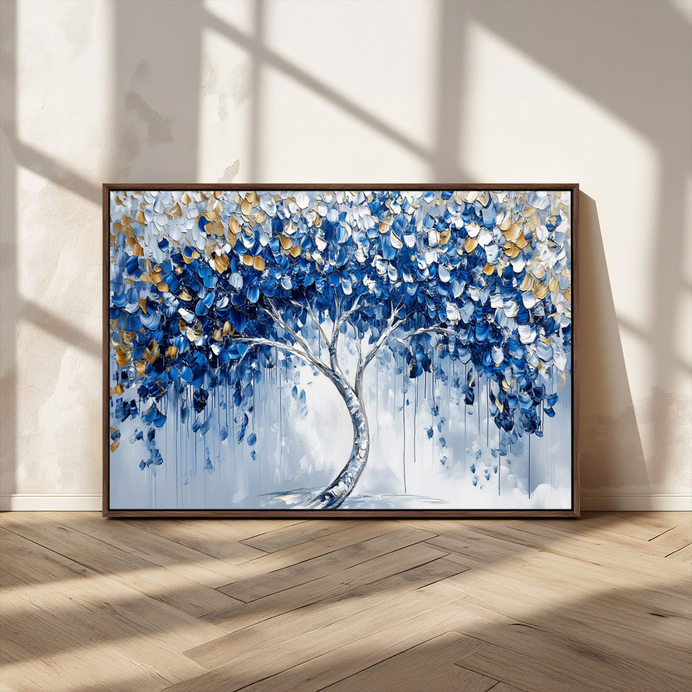 MGV-FC-36X24 - Blue and Gold Abstract Tree Wall Art Canvas Print | Modern Tree of Life Painting | Framed Canvas