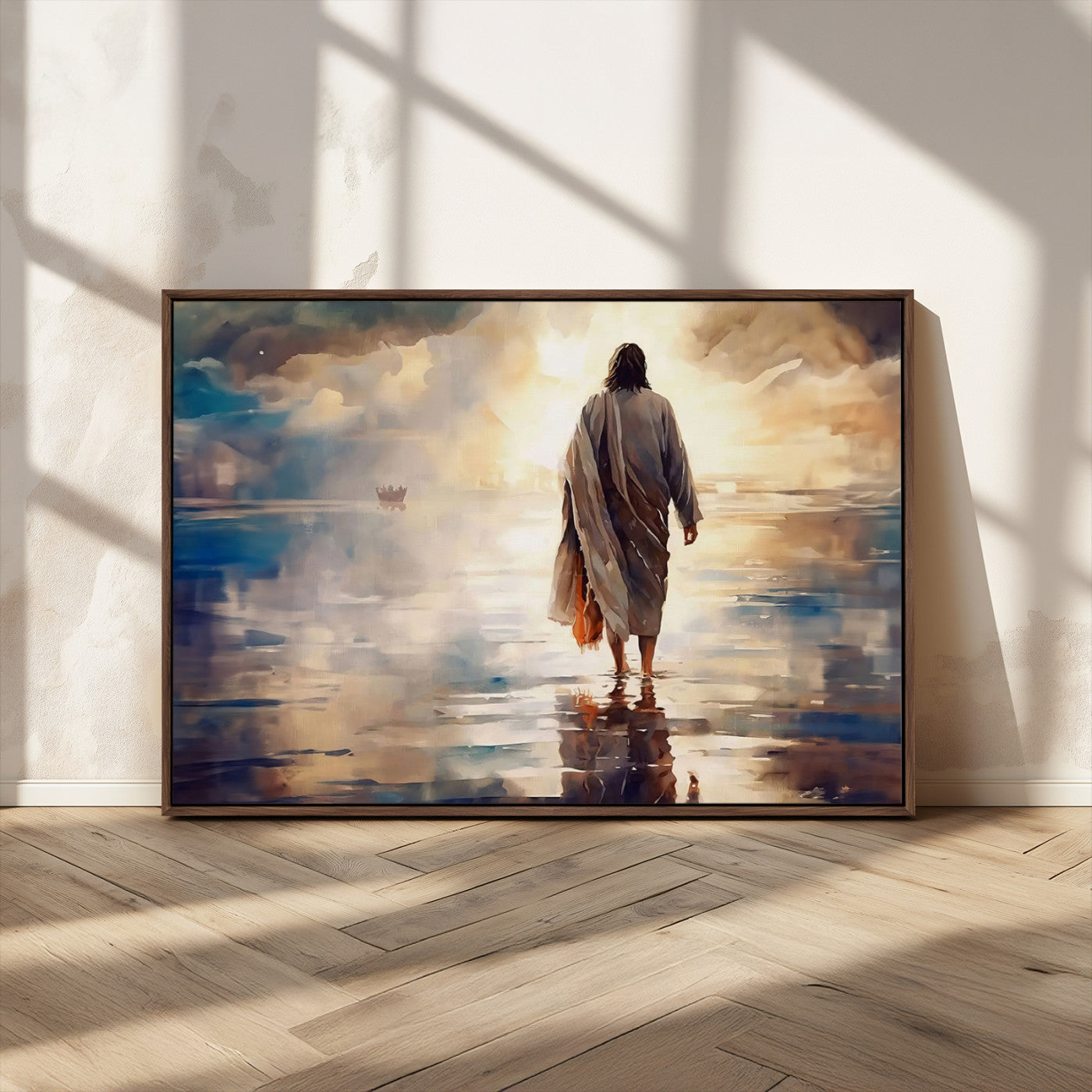 MGV-FC-36X24 - Jesus Walking on Water Wall Art | Ready to Hang Spiritual Triptych Canvas Print | Inspirational