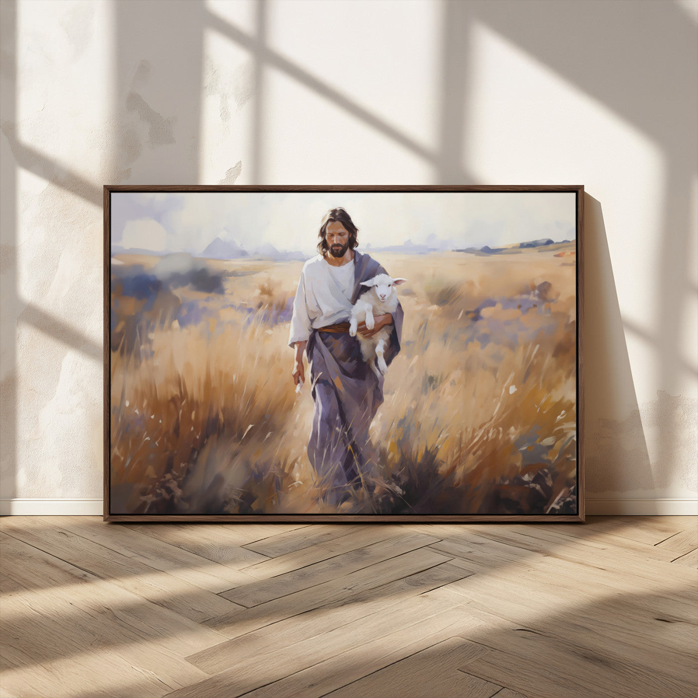 MGV-FC-36X24 - Jesus the Good Shepherd Wall Art Canvas Print - Lost Lamb Print for Prayer Room Decor