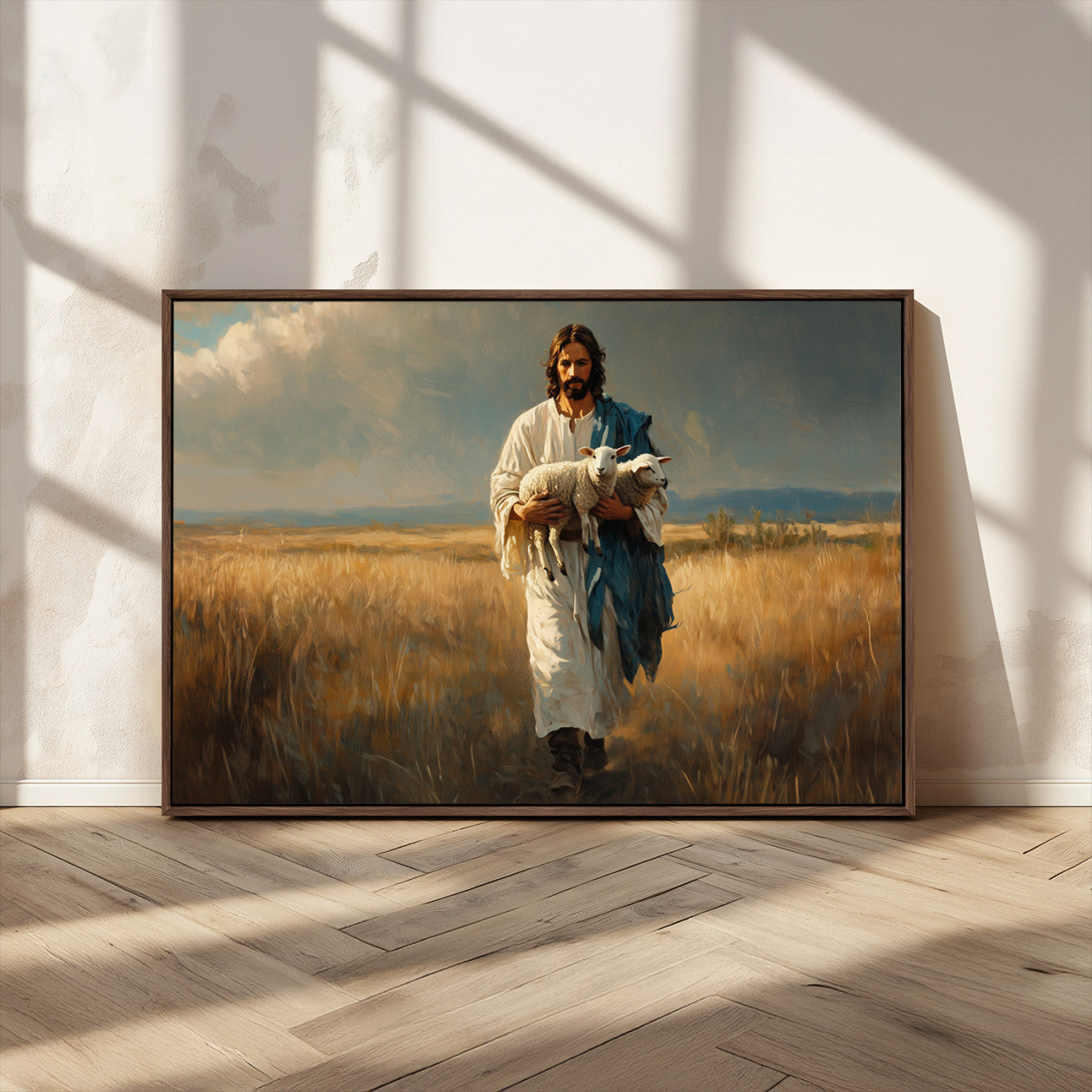MGV-FC-36X24 - Jesus Shepherd Wall Art | Ready to Hang Triptych Canvas of Jesus Holding a Lamb in a Field |