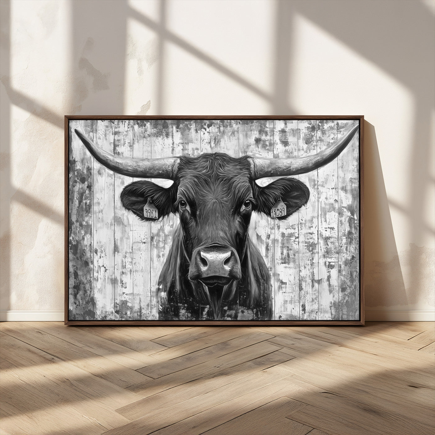 MGV-FC-36X24 - Abstract Longhorn Bull Wall Art Canvas Print - Rustic Texas Western Cow Artwork