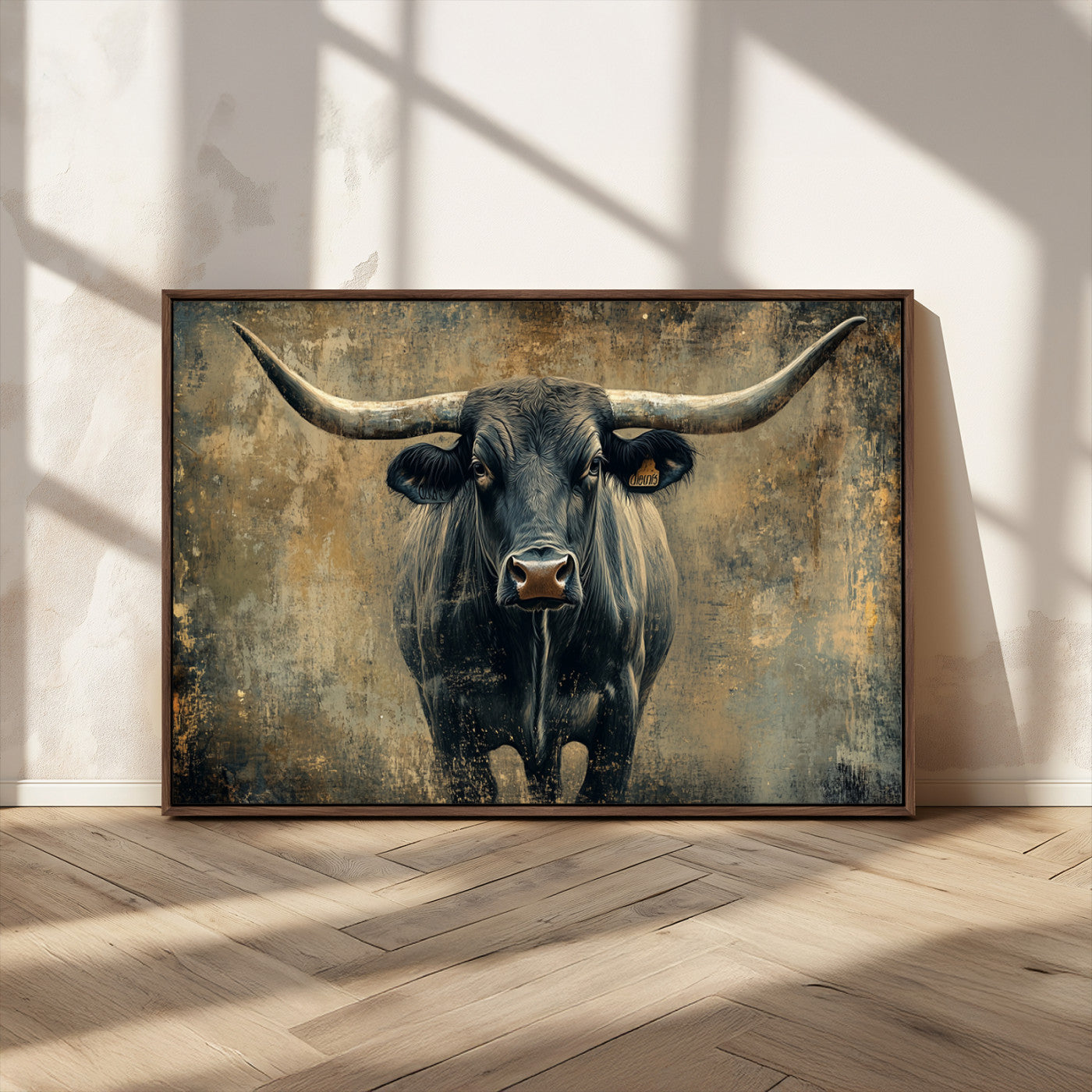 MGV-FC-36X24 - Longhorn Bull Wall Art Canvas Print, Framed Rustic Cow Art Picture Print, Texas Longhorn Perfect Western Decor Artwork