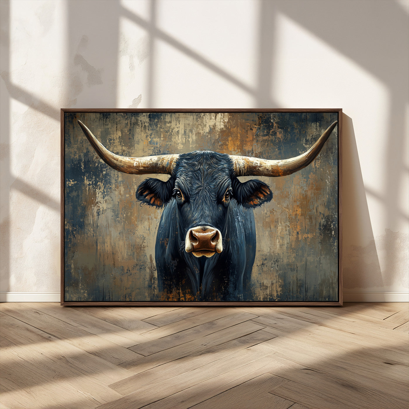 MGV-FC-36X24 - Texas Western Wall Art Canvas Print - Abstract Cow Longhorn Bull Wall Art Canvas Print - Rustic Cow