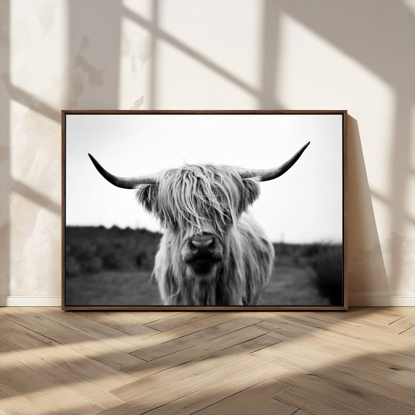 MGV-FC-36X24 - Highland Cow Wall Art | Black and White Farmhouse Decor | Triptych Canvas Print | Rustic Barn Decor
