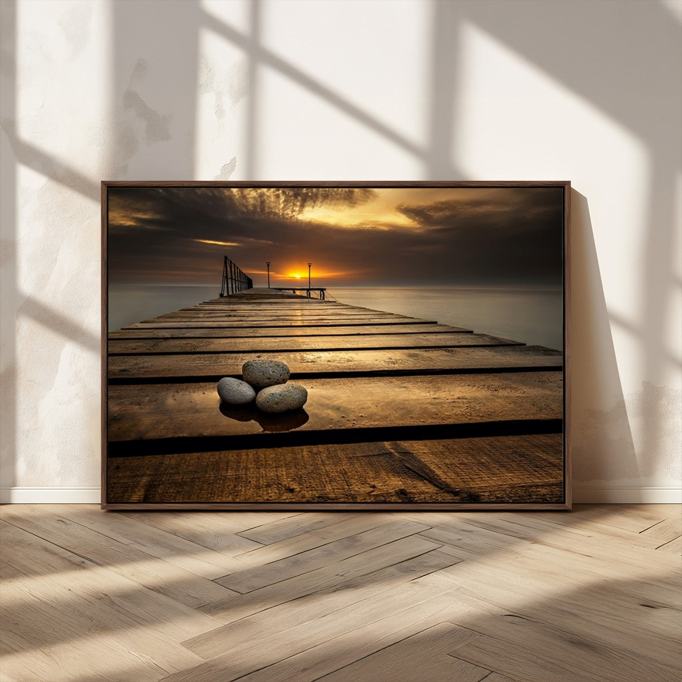 MGV-FC-36X24 - Stones on Wooden Pier at Sunset Canvas Print, Serene Coastal Wall Art, Beach Sunset Photography,