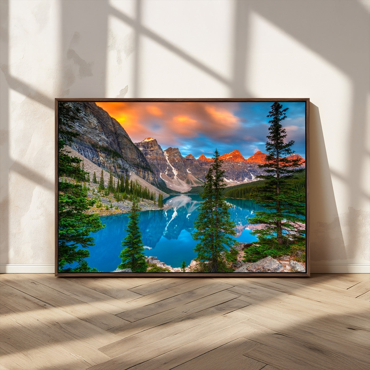 MGV-FC-36X24 - Canadian Rockies Moraine Lake Wall Art Canvas Print, Pine Trees Mountain Spring Canvas Print