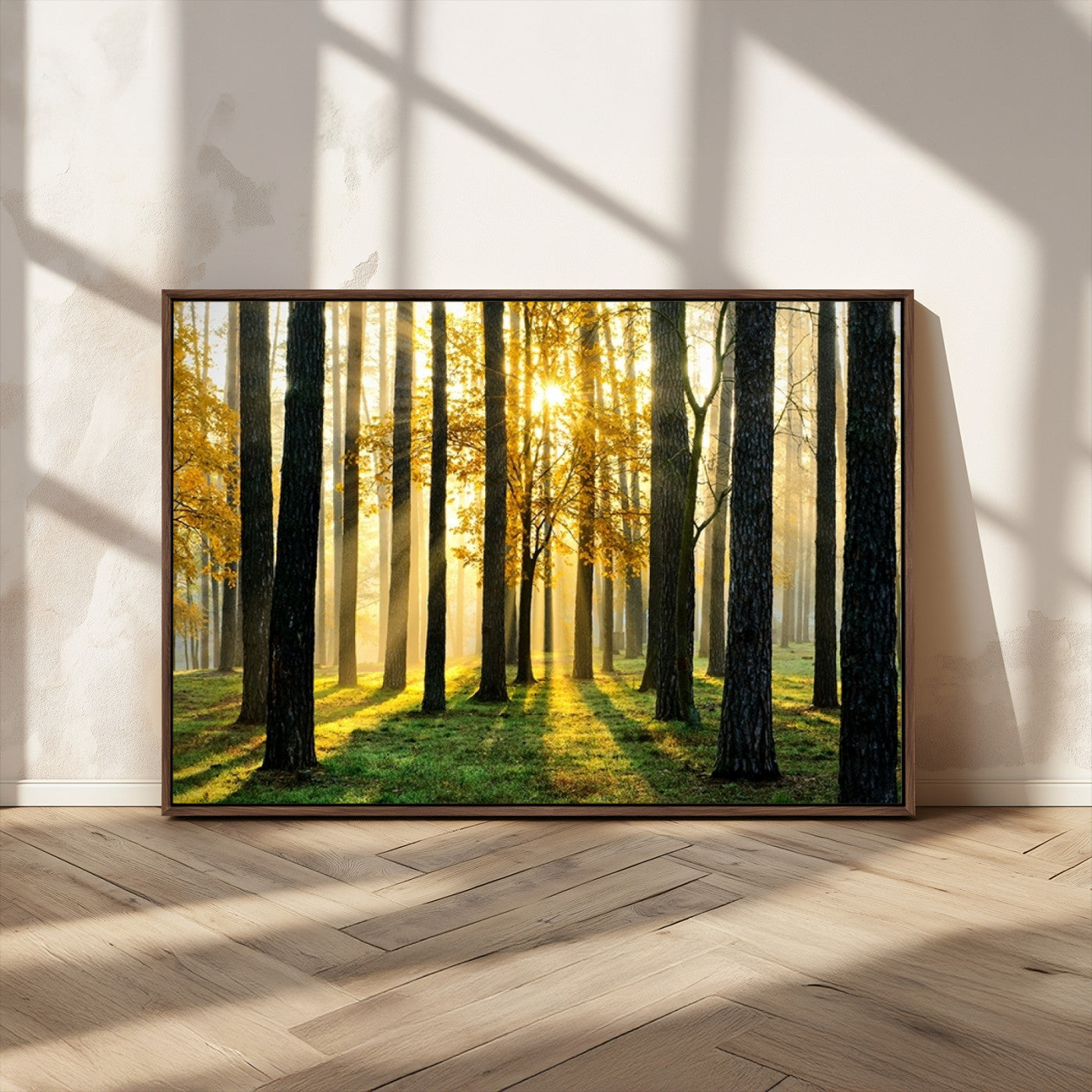MGV-FC-36X24 - Sunlit Forest Canvas Wall Art – Serene Woodland Triptych Landscape Print – Nature-Inspired Decor for