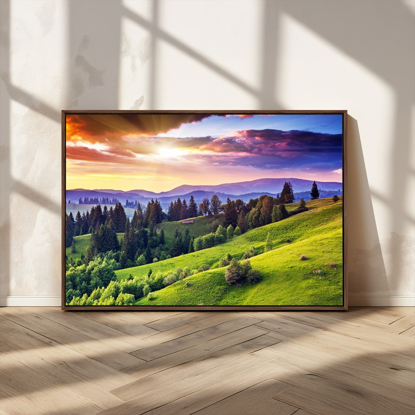 MGV-FC-36X24 - Green Hills and Sunset Wall Art Print - Scenic Landscape with Lush Greenery and Vibrant Sky, Ready