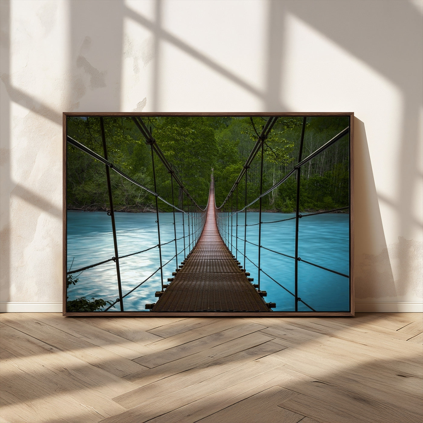 70229-MGV-FC-36X24_Walnut-Suspension Bridge Over River Canvas Art | 3-Panel Nature Photography | Scenic Wall Art for Living