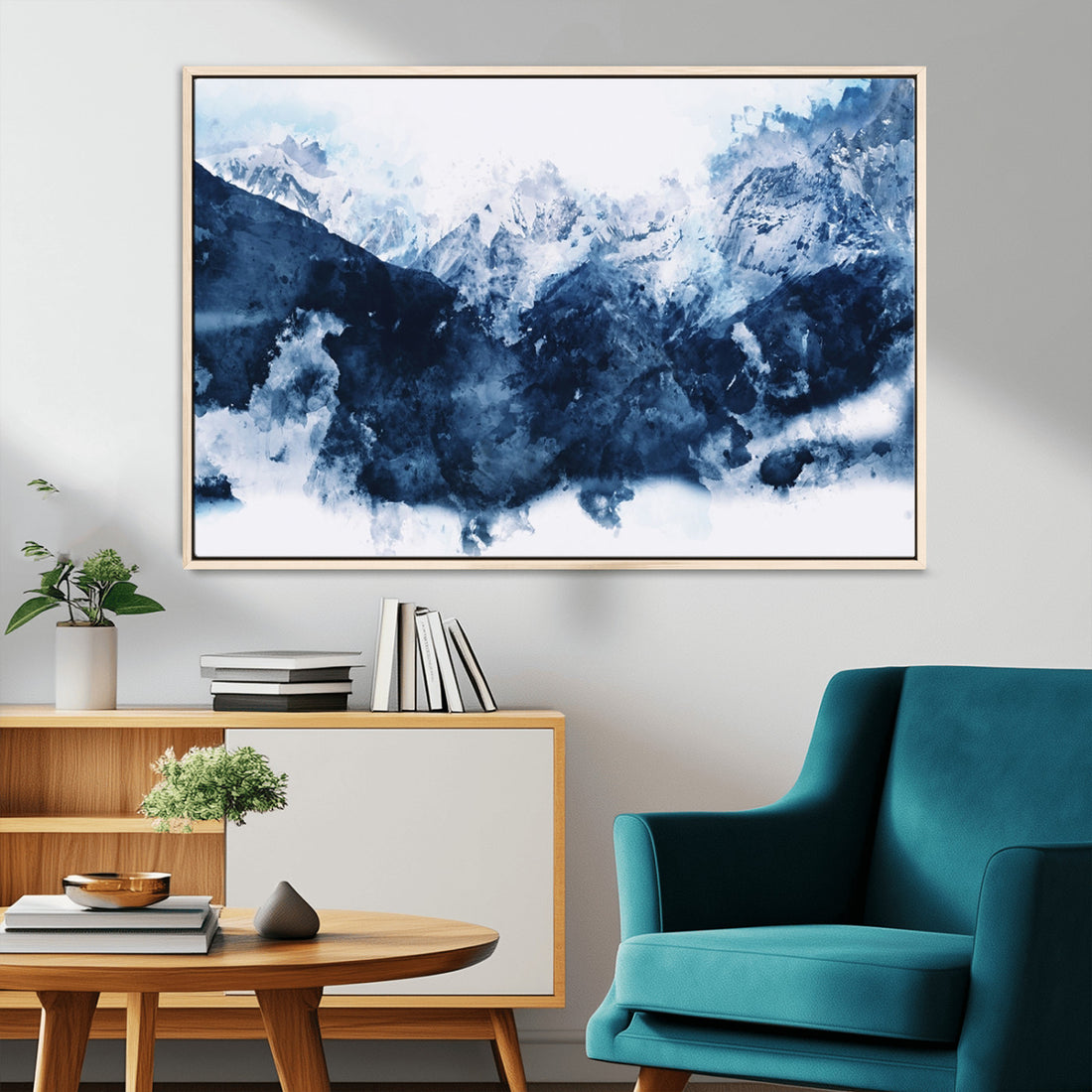 Abstract Blue Mountain Canvas Wall Art | Modern Triptych Landscape Print