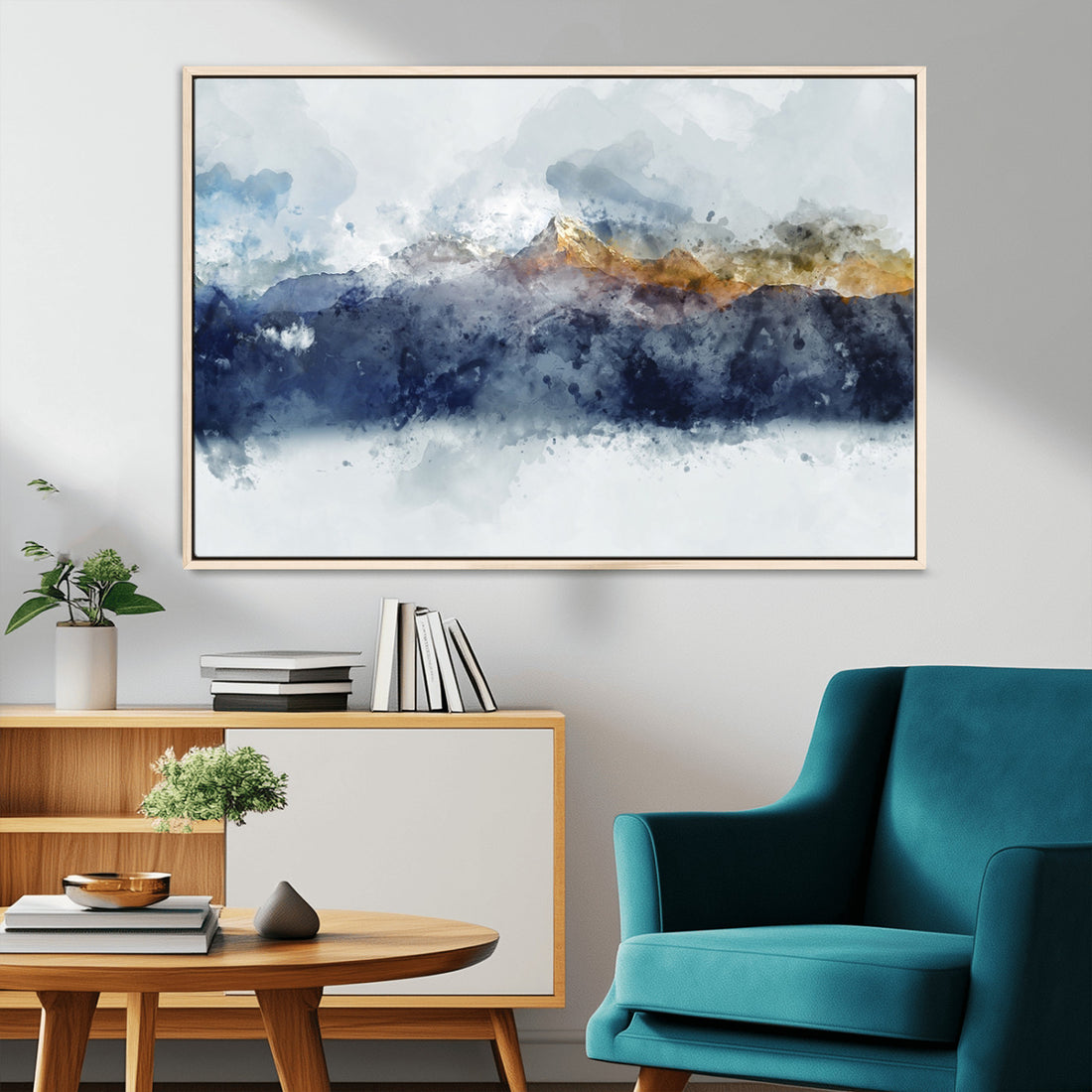 Abstract Mountain Range Art Canvas Print | 3 Panel Blue and Orange Watercolor Landscape