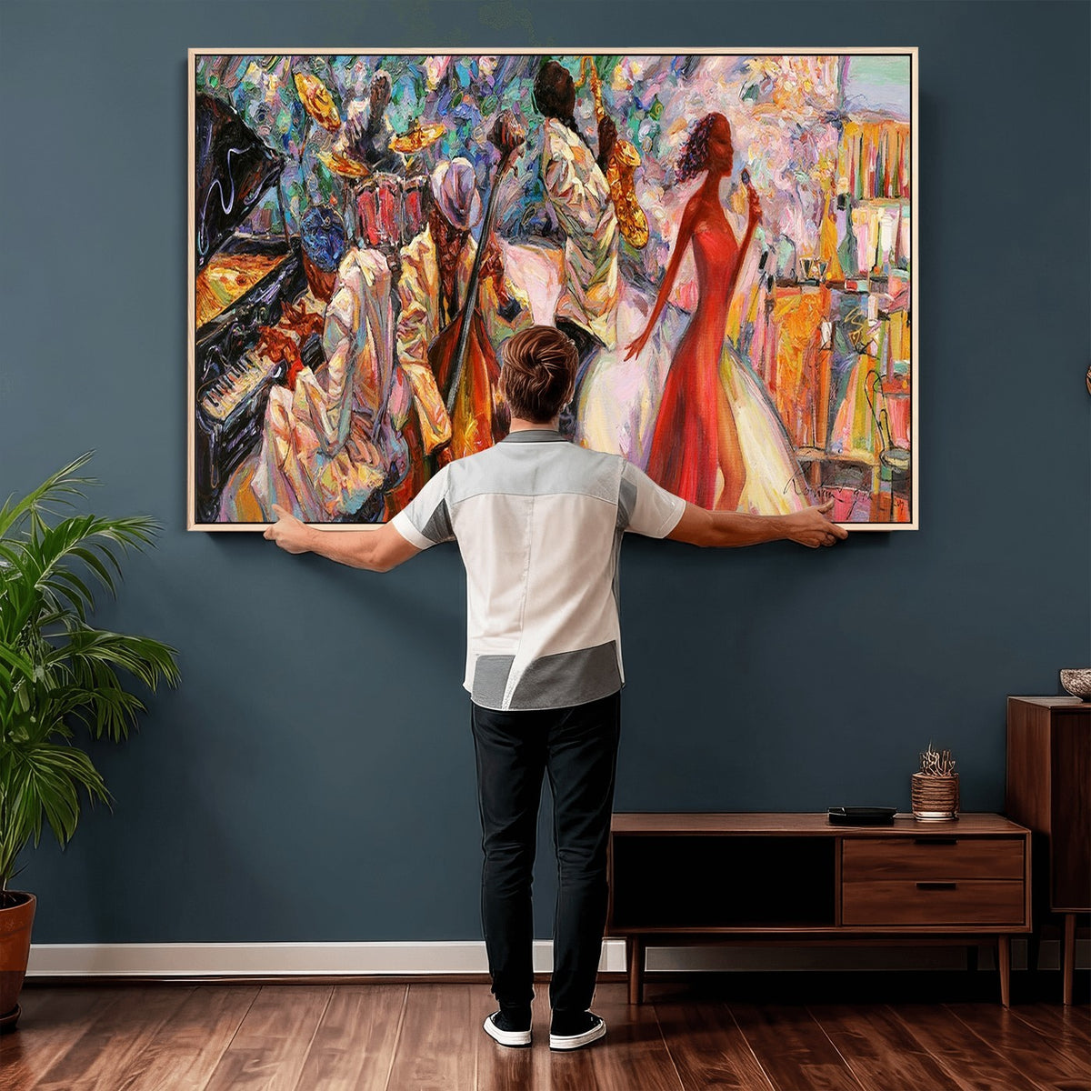 40574-_Poster-30x20 - Afro American Jazz Band Canvas Wall Art | 3 Panel Music Studio Decor