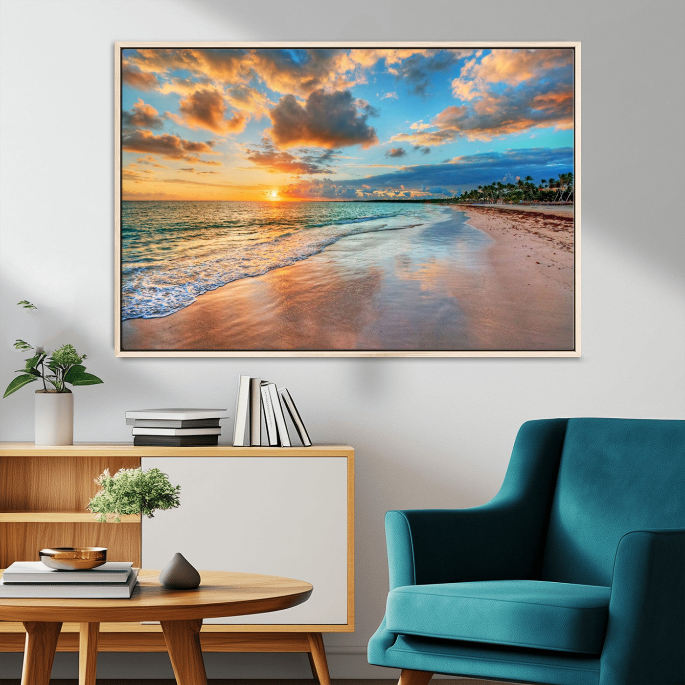 MGV-FC-36X24 - Sunset Ocean Waves on Tropical Beach, 3-Panel Giclee Canvas Art for Coastal Home Decor, Vibrant Palm-Lined Shore