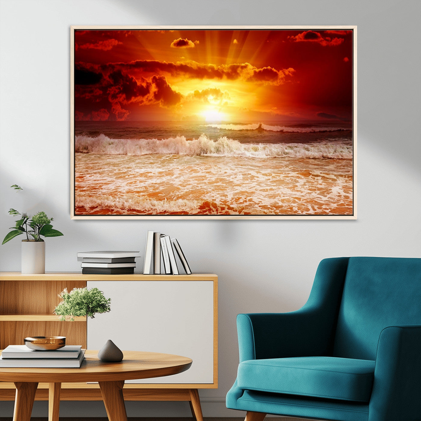 MGV-FC-36X24 - Red Sunset Ocean Beach Canvas Wall Art Beach Canvas, Coastal Sunset Print