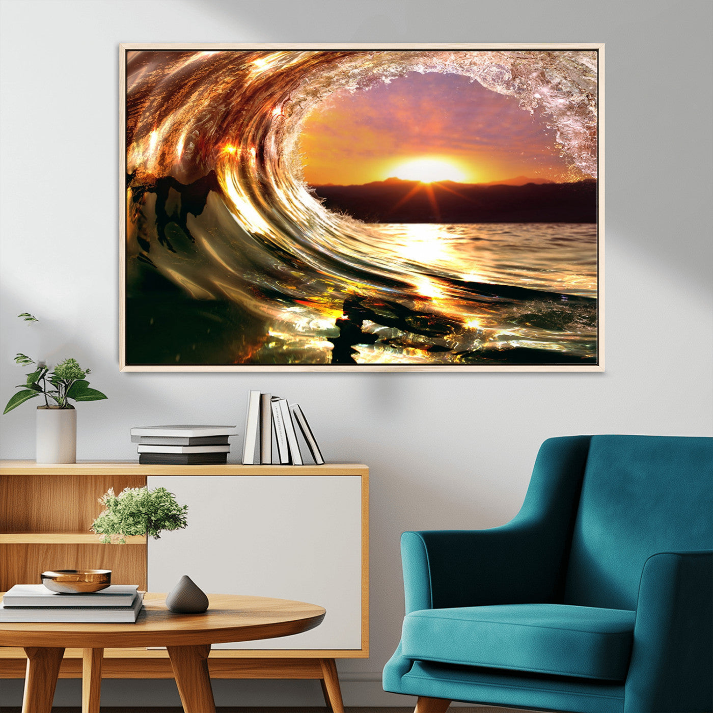 MGV-FC-36X24 - Golden Wave Sunset Triptych Canvas Art, Giclee Canvas Print of Ocean Wave and Sunset, Framed Ocean