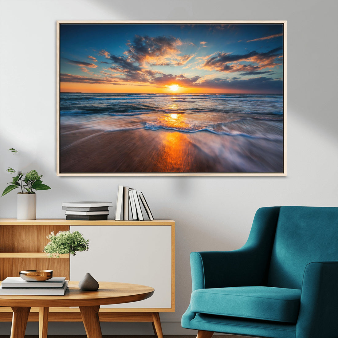 Sunset on the Ocean Beach with Waves, Reflections on Sand, Coastal Wall Art Print