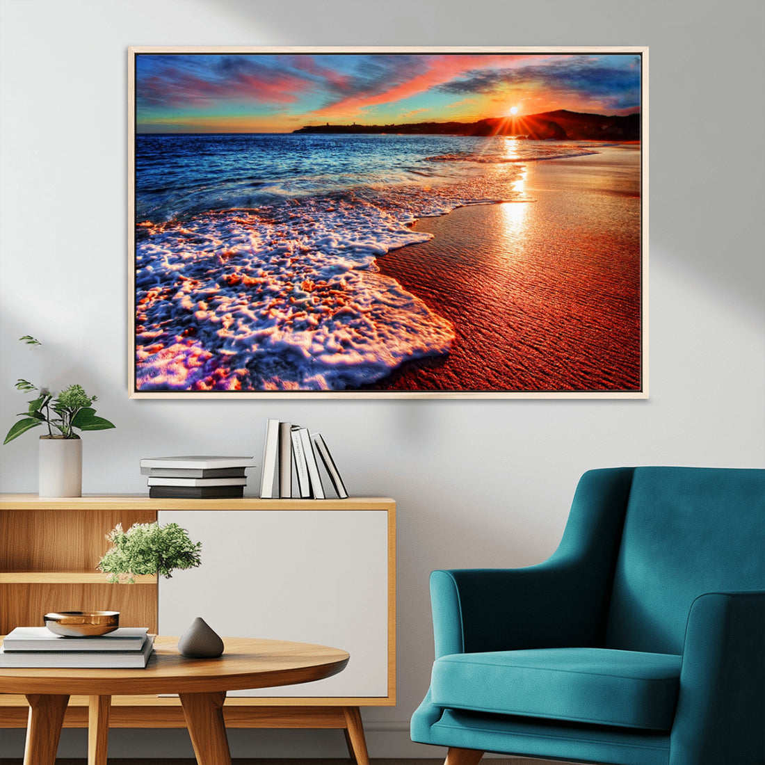 Colorful Coastal Sunset on the Beach Canvas Print, Ocean Waves Crashing at Dusk