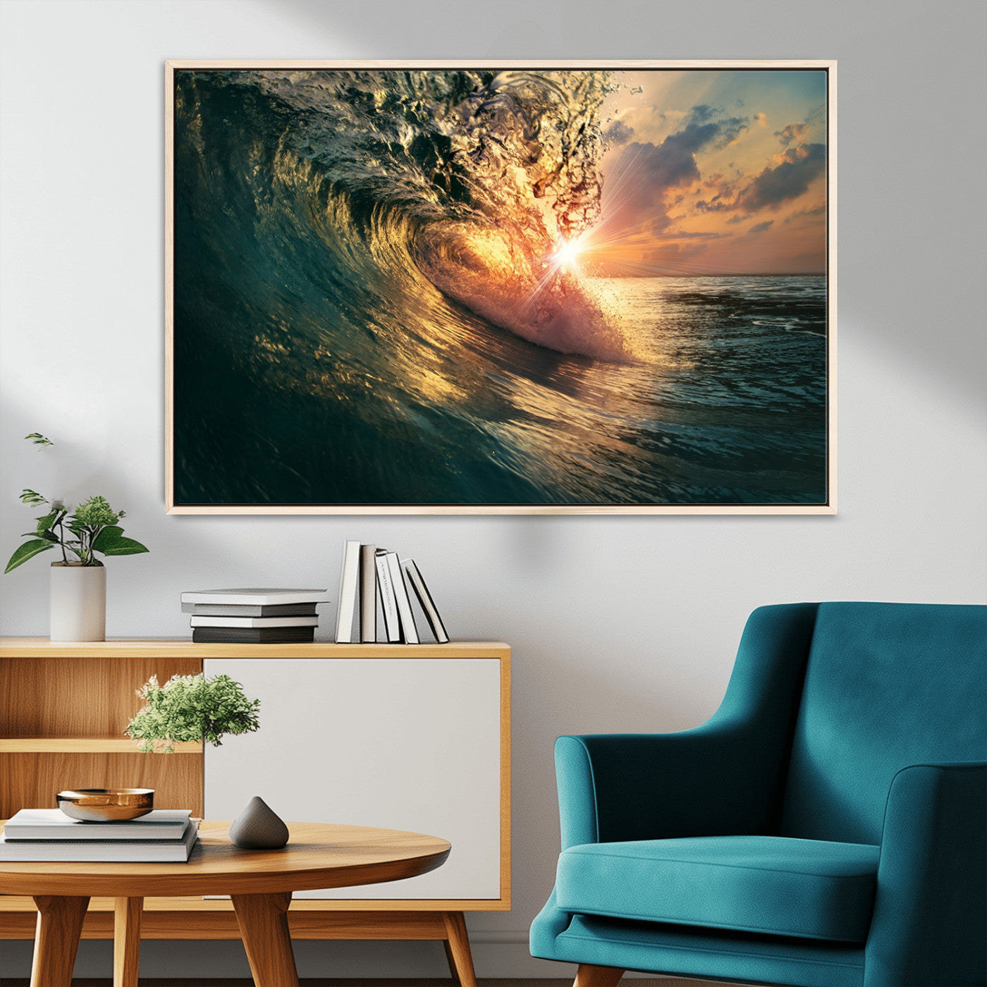 MGV-FC-36X24 - Ocean Wave Sunset Canvas Wall Art – Triptych Seascape Print – Framed and Ready to Hang for Living Room or Office