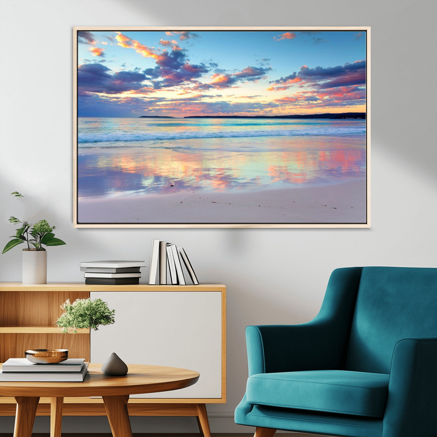 MGV-FC-36X24 - Tranquil Pastel Sunset Beach Triptych Canvas Art, Soothing Coastal Ocean Shoreline Giclee Print, Beach Reflections Wall Decor for Serene Spaces