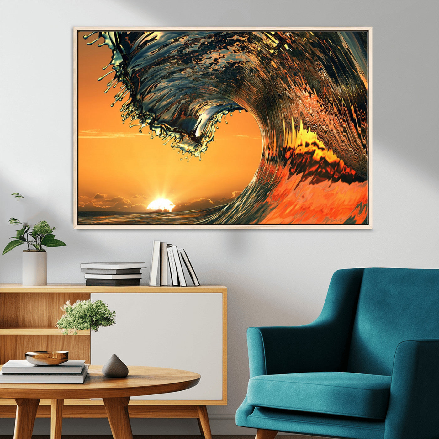-Surf Wave Sunset Canvas Wall Art Print, 3-Panel Ocean Coastal Wall Art Print, Ocean Decor for