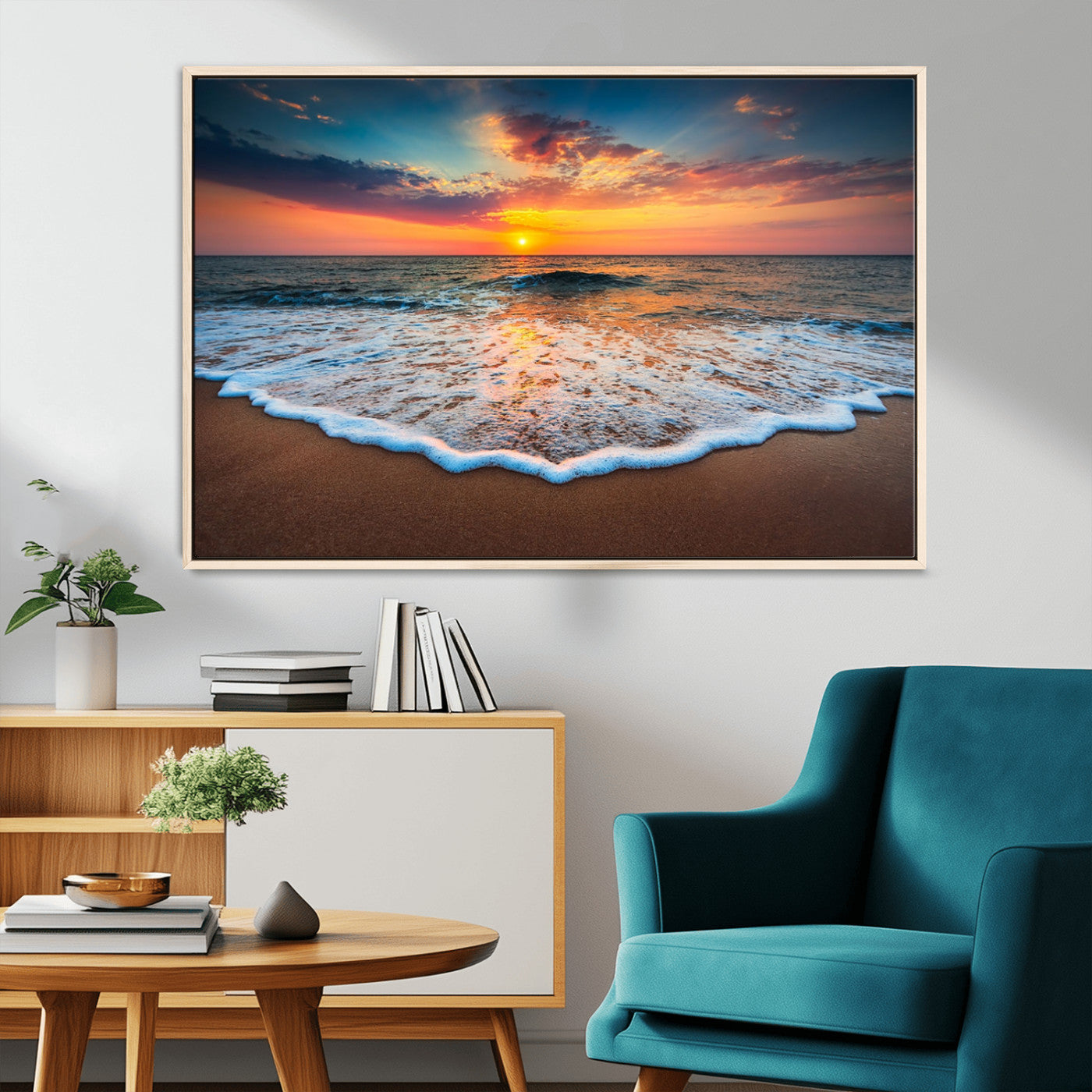MGV-FC-36X24 - Sunset Beach Canvas Wall Art – Colorful Ocean Waves Triptych – Coastal Decor for Living Room or Bedroom – Framed and Ready to Hang