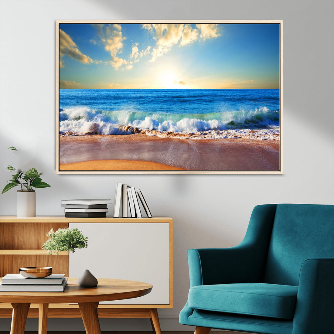 Tropical Beach Sunset Canvas Art, Ocean Waves and Sandy Shoreline Wall Art